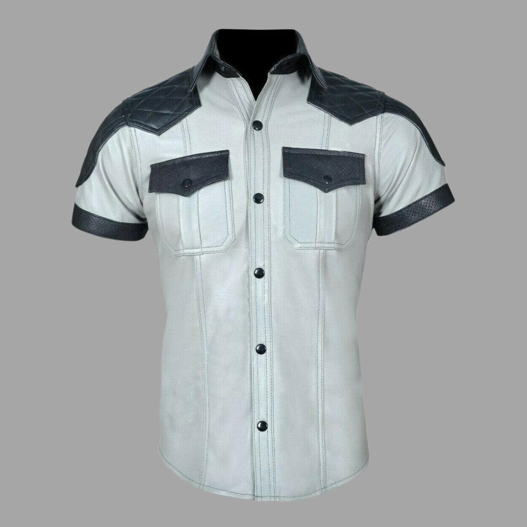Grey Leather Shirt With Shoulders And Collar Quilted Design - The Urban Tannery